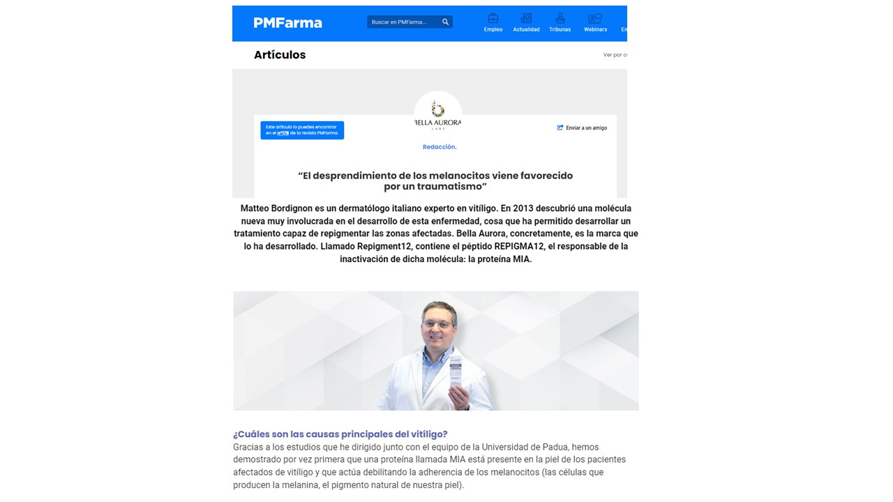 El Dr. Bordignon y Repigment12 en la revista farmacéutica PMFarma